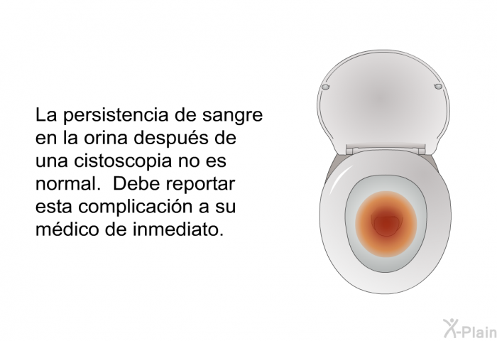 La persistencia de sangre en la orina despu�s de una cistoscopia no es normal. Debe reportar esta complicaci�n a su m�dico de inmediato.