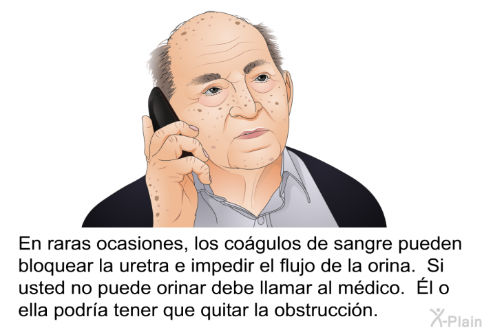 En raras ocasiones, los co�gulos de sangre pueden bloquear la uretra e impedir el flujo de la orina. Si usted no puede orinar debe llamar al m�dico. &Eacute;l o ella podr�a tener que quitar la obstrucci�n.