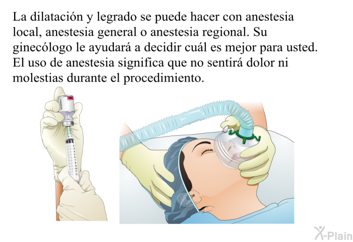 La dilatacin y legrado se puede hacer con anestesia local, anestesia general o anestesia regional. Su gineclogo le ayudar a decidir cul es mejor para usted. El uso de anestesia significa que no sentir dolor ni molestias durante el procedimiento.