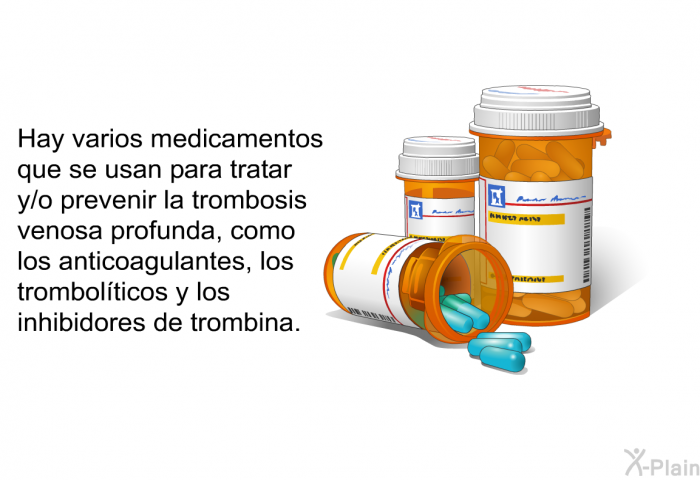 Hay varios medicamentos que se usan para tratar y/o prevenir la trombosis venosa profunda, como los anticoagulantes, los trombolticos y los inhibidores de trombina.