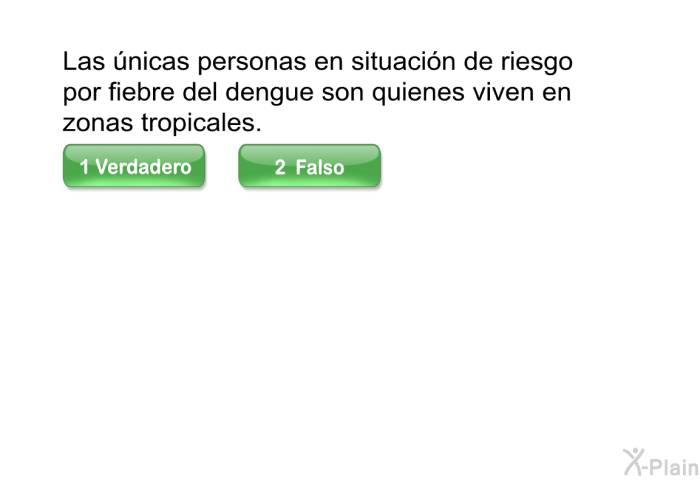 Las nicas personas en situacin de riesgo por fiebre del dengue son quienes viven en zonas tropicales. Elija verdadero o falso.