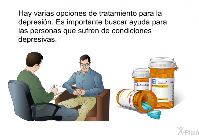 Hay varias opciones de tratamiento para la depresin. Es importante buscar ayuda para las personas que sufren de condiciones depresivas.