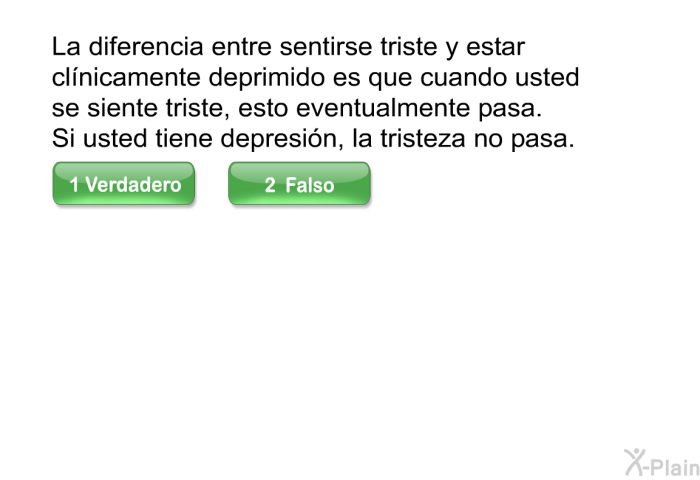 La diferencia entre sentirse triste y estar clnicamente deprimido es que cuando usted se siente triste, esto eventualmente pasa. Si usted tiene depresin, la tristeza no pasa.