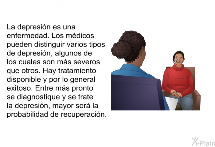 La depresin es una enfermedad. Los mdicos pueden distinguir varios tipos de depresin, algunos de los cuales son ms severos que otros. Hay tratamiento disponible y por lo general exitoso. Entre ms pronto se diagnostique y se trate la depresin, mayor ser la probabilidad de recuperacin.