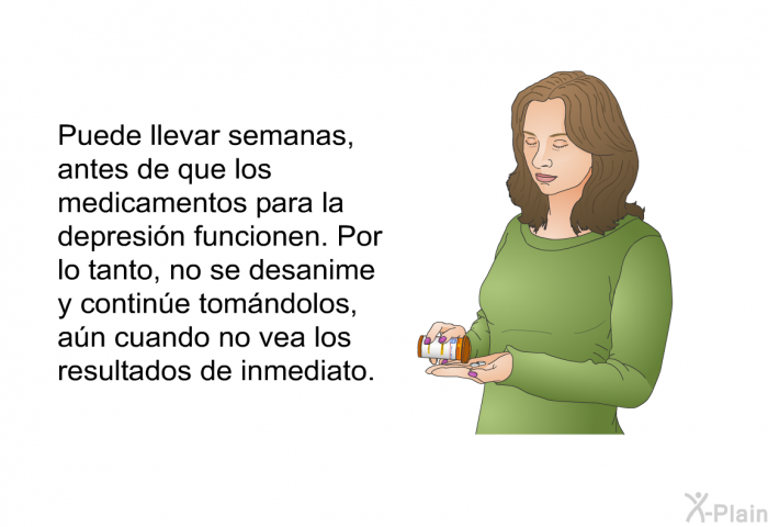 Puede llevar semanas, antes de que los medicamentos para la depresin funcionen. Por lo tanto, no se desanime y contine tomndolos, an cuando no vea los resultados de inmediato.