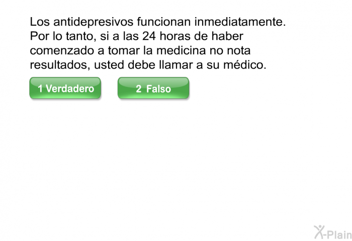 Los antidepresivos funcionan inmediatamente. Por lo tanto, si a las 24 horas de haber comenzado a tomar la medicina no nota resultados, usted debe llamar a su mdico.