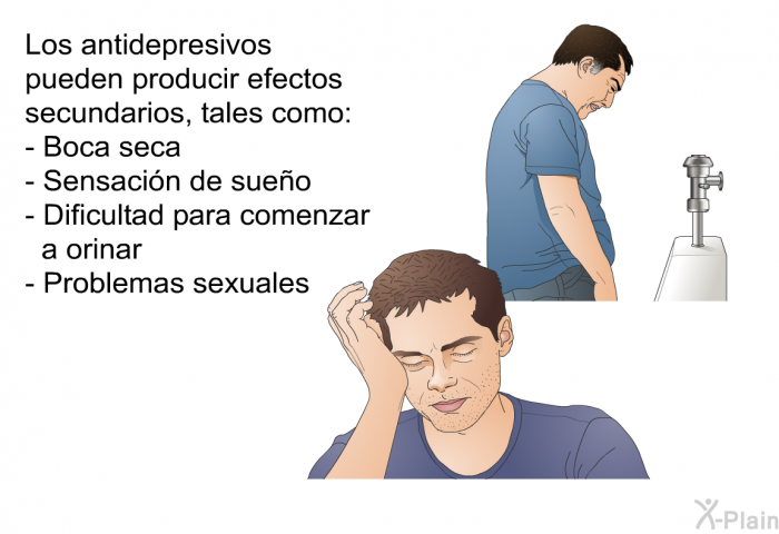 Los antidepresivos pueden producir efectos secundarios, tales como:  Boca seca Sensacin de sueo Dificultad para comenzar a orinar Problemas sexuales