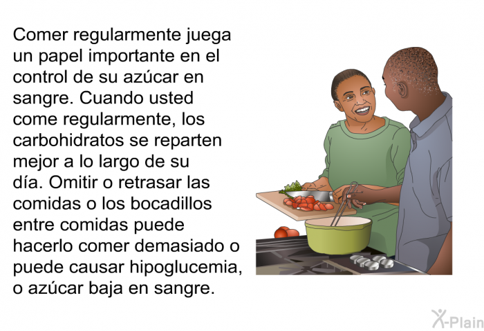 Comer regularmente juega un papel importante en el control de su azcar en sangre. Cuando usted come regularmente, los carbohidratos se reparten mejor a lo largo de su da. Omitir o retrasar las comidas o los bocadillos entre comidas puede hacerlo comer demasiado o puede causar hipoglucemia, o azcar baja en sangre.