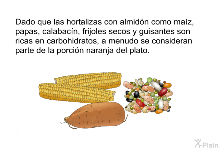 Dado que las hortalizas con almid�n como ma�z, papas, calabac�n, frijoles secos y guisantes son ricas en carbohidratos, a menudo se consideran parte de la porci�n naranja del plato.
