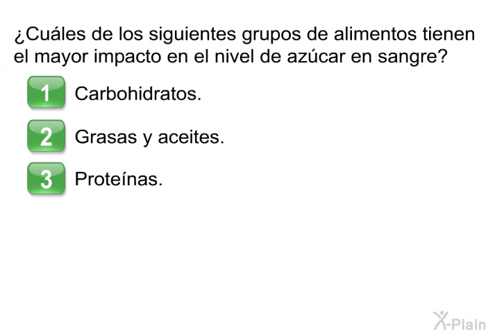 ¿Cules de los siguientes grupos de alimentos tienen el mayor impacto en el nivel de azcar en sangre?  Carbohidratos. Grasas y aceites. Protenas.