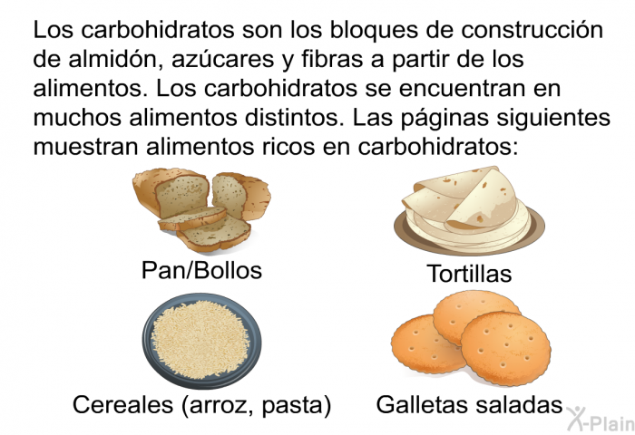 Los carbohidratos son los bloques de construccin de almidn, azcares y fibras a partir de los alimentos. Los carbohidratos se encuentran en muchos alimentos distintos. Las pginas siguientes muestran alimentos ricos en carbohidratos:  Pan/bollos Tortillas Cereales (arroz, pasta) Galletas saladas