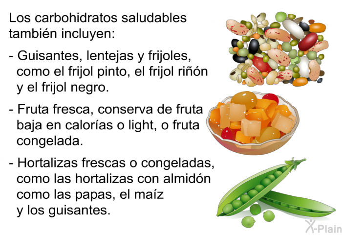 Los carbohidratos saludables tambi�n incluyen:  Guisantes, lentejas y frijoles, como el frijol pinto, el frijol ri��n y el frijol negro. Fruta fresca, conserva de fruta baja en calor�as o <I>light</I>, o fruta congelada. Hortalizas frescas o congeladas, como las hortalizas con almid�n como las papas, el ma�z y los guisantes.