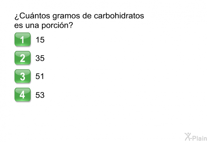¿Cuntos gramos de carbohidratos es una porcin?  15 35 51 53