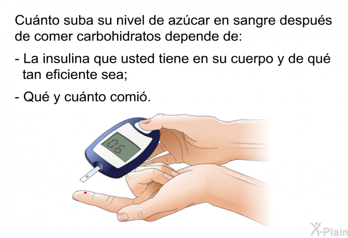 Cunto suba su nivel de azcar en sangre despus de comer carbohidratos depende de: La insulina que usted tiene en su cuerpo y de qu tan eficiente sea; Qu y cunto comi.