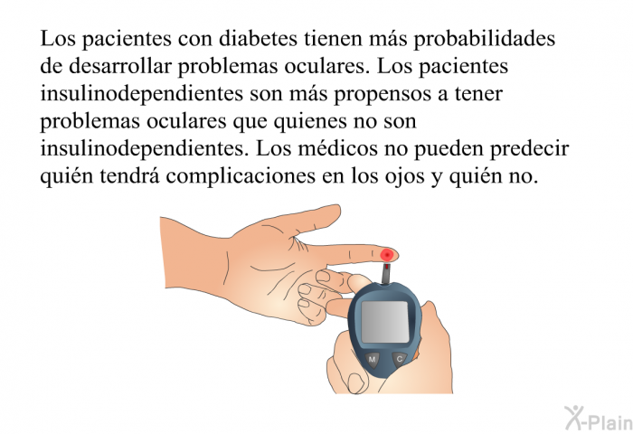 Los pacientes con diabetes tienen ms probabilidades de desarrollar problemas oculares. Los pacientes insulinodependientes son ms propensos a tener problemas oculares que quienes no son insulinodependientes. Los mdicos no pueden predecir quin tendr complicaciones en los ojos y quin no.