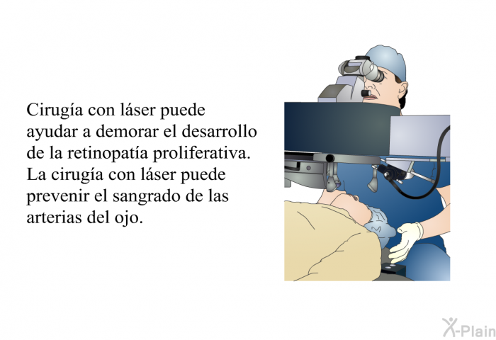 Ciruga con lser puede ayudar a demorar el desarrollo de la retinopata proliferativa. La ciruga con lser puede prevenir el sangrado de las arterias del ojo.