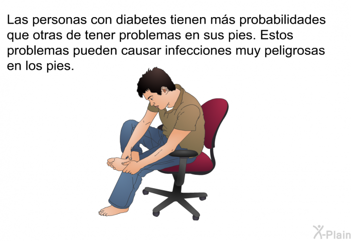Las personas con diabetes tienen ms probabilidades que otras de tener problemas en sus pies. Estos problemas pueden causar infecciones muy peligrosas en los pies.