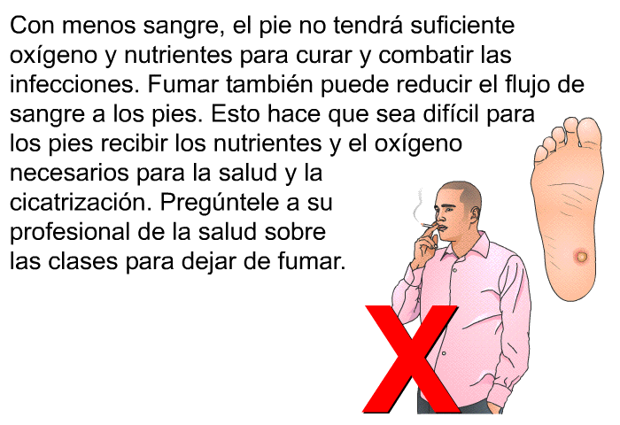 Con menos sangre, el pie no tendr suficiente oxgeno y nutrientes para curar y combatir las infecciones. Fumar tambin puede reducir el flujo de sangre a los pies. Esto hace que sea difcil para los pies recibir los nutrientes y el oxgeno necesarios para la salud y la cicatrizacin. Pregntele a su profesional de la salud sobre las clases para dejar de fumar.