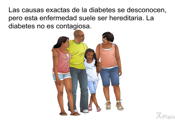 Las causas exactas de la diabetes se desconocen, pero esta enfermedad suele ser hereditaria. La diabetes no es contagiosa.