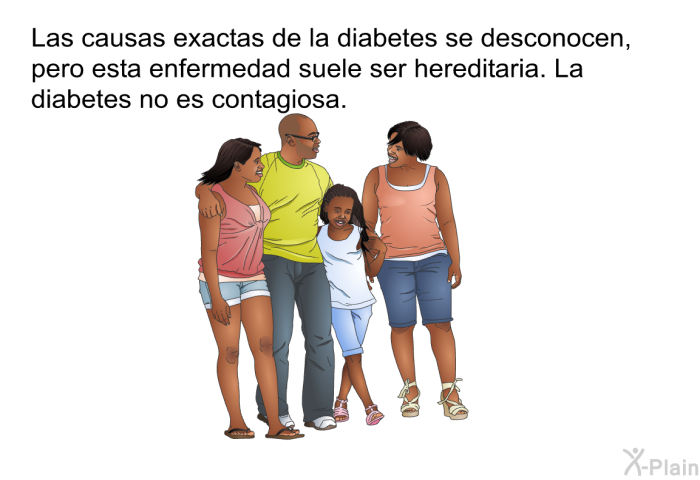 Las causas exactas de la diabetes se desconocen, pero esta enfermedad suele ser hereditaria. La diabetes no es contagiosa.