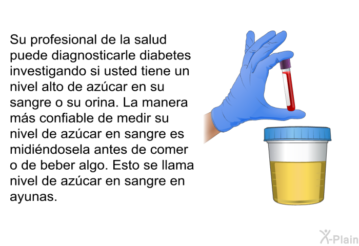 Su profesional de la salud puede diagnosticarle diabetes investigando si usted tiene un nivel alto de azcar en su sangre o su orina. La manera ms confiable de medir su nivel de azcar en sangre es midindosela antes de comer o de beber algo. Esto se llama nivel de azcar en sangre en ayunas.