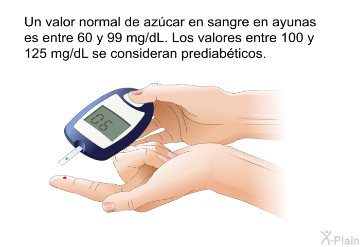 Un valor normal de azcar en sangre en ayunas es entre 60 y 99 mg/dL. Los valores entre 100 y 125 mg/dL se consideran prediabticos.