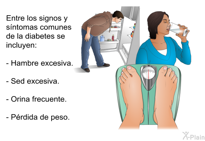 Entre los signos y sntomas comunes de la diabetes se incluyen:  Hambre excesiva.   Sed excesiva. Orina frecuente. Prdida de peso.