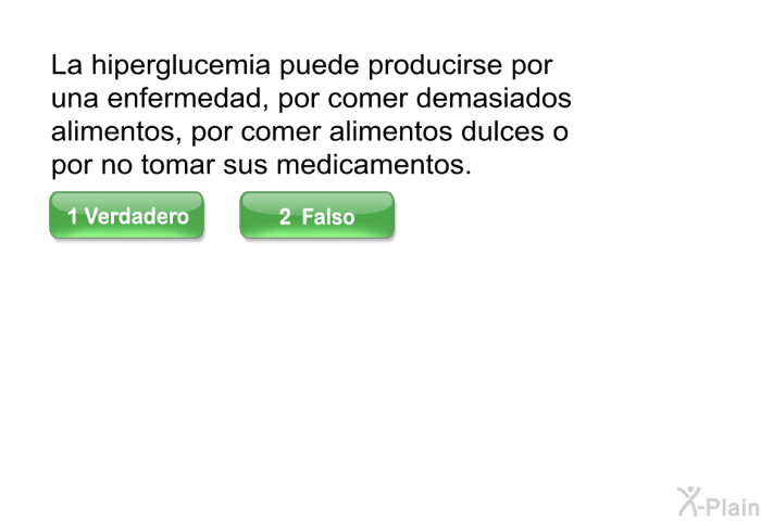 La hiperglucemia puede producirse por una enfermedad, por comer demasiados alimentos, por comer alimentos dulces o por no tomar sus medicamentos.