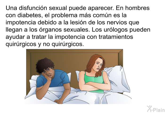 Una disfunci�n sexual puede aparecer. En hombres con diabetes, el problema m�s com�n es la impotencia debido a la lesi�n de los nervios que llegan a los �rganos sexuales. Los ur�logos pueden ayudar a tratar la impotencia con tratamientos quir�rgicos y no quir�rgicos.