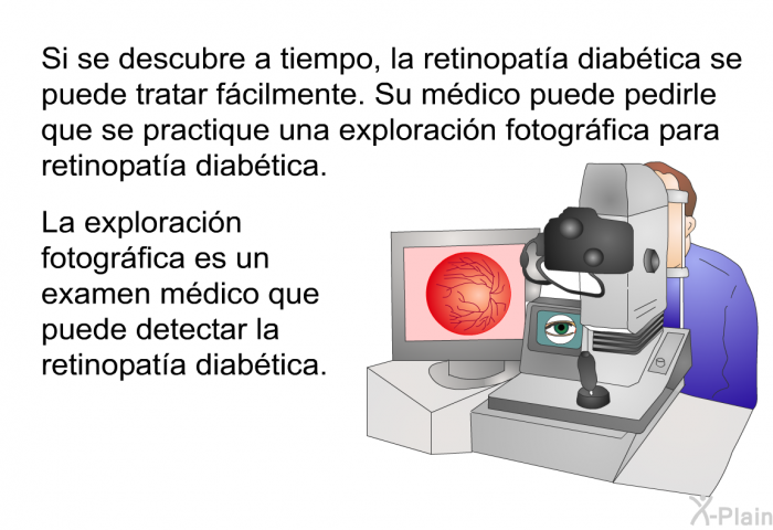 Si se descubre a tiempo, la retinopata diabtica se puede tratar fcilmente. Su mdico puede pedirle que se practique una exploracin fotogrfica para retinopata diabtica. La exploracin fotogrfica es un examen mdico que puede detectar la retinopata diabtica.