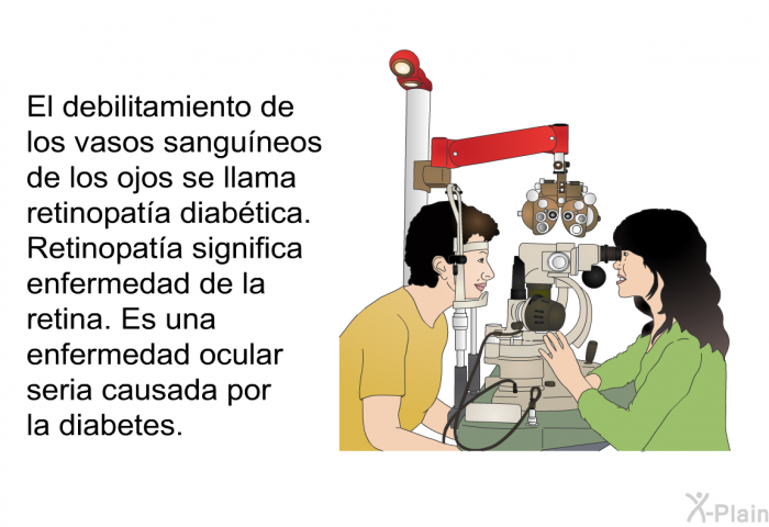 El debilitamiento de los vasos sanguneos de los ojos se llama retinopata diabtica. Retinopata significa enfermedad de la retina. Es una enfermedad ocular seria causada por la diabetes.