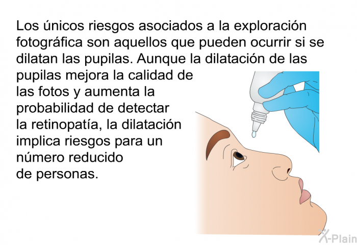 Los �nicos riesgos asociados a la exploraci�n fotogr�fica son aquellos que pueden ocurrir si se dilatan las pupilas. Aunque la dilataci�n de las pupilas mejora la calidad de las fotos y aumenta la probabilidad de detectar la retinopat�a, la dilataci�n implica riesgos para un n�mero reducido de personas.
