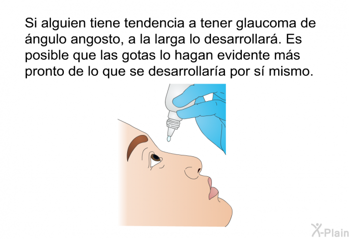 Si alguien tiene tendencia a tener glaucoma de �ngulo angosto, a la larga lo desarrollar�. Es posible que las gotas lo hagan evidente m�s pronto de lo que se desarrollar�a por s� mismo.