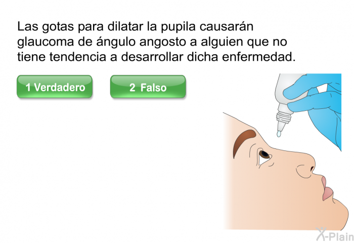 Las gotas para dilatar la pupila causar�n glaucoma de �ngulo angosto a alguien que no tiene tendencia a desarrollar dicha enfermedad.