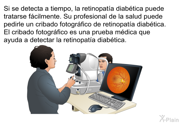 Si se detecta a tiempo, la retinopata diabtica puede tratarse fcilmente. Su profesional de la salud puede pedirle un cribado fotogrfico de retinopata diabtica. El cribado fotogrfico es una prueba mdica que ayuda a detectar la retinopata diabtica.