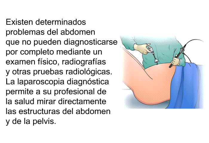 Existen determinados problemas del abdomen que no pueden diagnosticarse por completo mediante un examen fsico, radiografas y otras pruebas radiolgicas. La laparoscopia diagnstica permite a su profesional de la salud mirar directamente las estructuras del abdomen y de la pelvis.