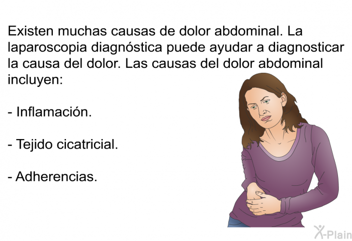 Existen muchas causas de dolor abdominal. La laparoscopia diagnstica puede ayudar a diagnosticar la causa del dolor. Las causas del dolor abdominal incluyen:  Inflamacin. Tejido cicatricial. Adherencias.