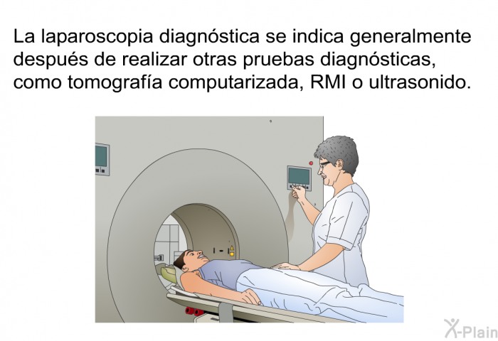 La laparoscopia diagnstica se indica generalmente despus de realizar otras pruebas diagnsticas, como tomografa computarizada, RMI o ultrasonido.