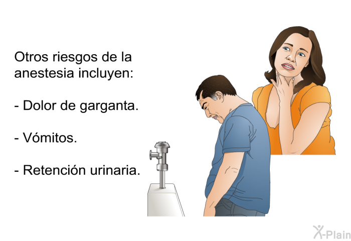 Otros riesgos de la anestesia incluyen:  Dolor de garganta. Vmitos. Retencin urinaria.
