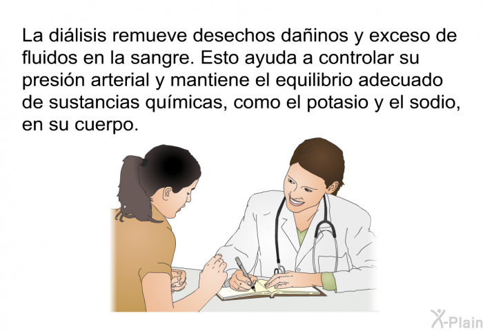 La dilisis remueve desechos dainos y exceso de fluidos en la sangre. Esto ayuda a controlar su presin arterial y mantiene el equilibrio adecuado de sustancias qumicas, como el potasio y el sodio, en su cuerpo.