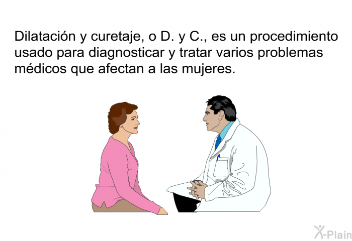 Dilatacin y curetaje, o D. y C., es un procedimiento usado para diagnosticar y tratar varios problemas mdicos que afectan a las mujeres.