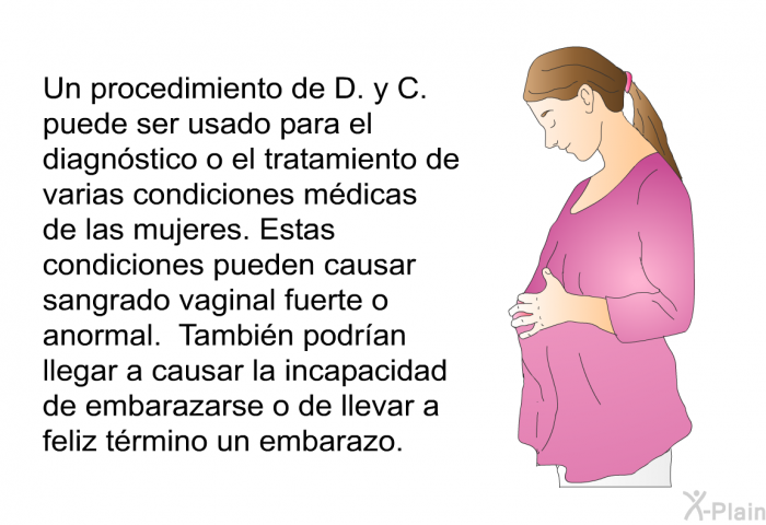 Un procedimiento de D. y C. puede ser usado para el diagnstico o el tratamiento de varias condiciones mdicas de las mujeres. Estas condiciones pueden causar sangrado vaginal fuerte o anormal. Tambin podran llegar a causar la incapacidad de embarazarse o de llevar a feliz trmino un embarazo.