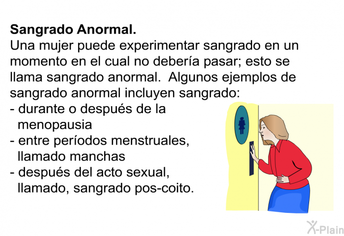 <B>Sangrado Anormal</B>. 
Una mujer puede experimentar sangrado en un momento en el cual no debera pasar; esto se llama sangrado anormal. Algunos ejemplos de sangrado anormal incluyen sangrado:  durante o despus de la menopausia entre perodos menstruales, llamado <I>manchas</I> despus del acto sexual, llamado, <I>sangrado pos-coito</I>.