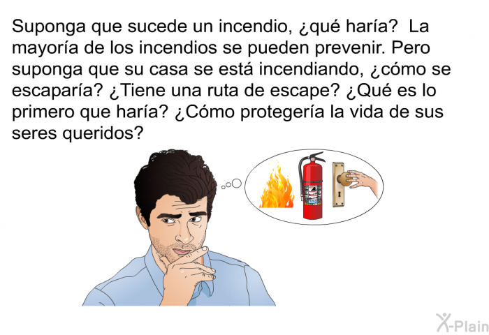 Suponga que sucede un incendio, ¿qu hara? La mayora de los incendios se pueden prevenir. Pero suponga que su casa se est incendiando, ¿cmo se escapara? ¿Tiene una ruta de escape? ¿Qu es lo primero que hara? ¿Cmo protegera la vida de sus seres queridos?