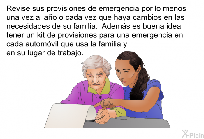 Revise sus provisiones de emergencia por lo menos una vez al a�o o cada vez que haya cambios en las necesidades de su familia. Adem�s es buena idea tener un kit de provisiones para una emergencia en cada autom�vil que usa la familia y en su lugar de trabajo.