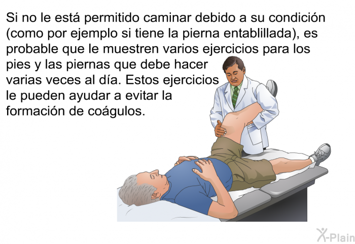 Si no le est permitido caminar debido a su condicin (como por ejemplo si tiene la pierna entablillada), es probable que le muestren varios ejercicios para los pies y las piernas que debe hacer varias veces al da. Estos ejercicios le pueden ayudar a evitar la formacin de cogulos.