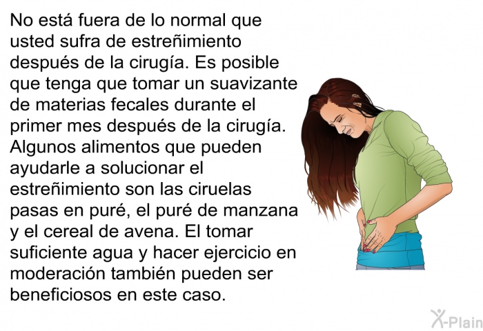 No est fuera de lo normal que usted sufra de estreimiento despus de la ciruga. Es posible que tenga que tomar un suavizante de materias fecales durante el primer mes despus de la ciruga. Algunos alimentos que pueden ayudarle a solucionar el estreimiento son las ciruelas pasas en pur, el pur de manzana y el cereal de avena. El tomar suficiente agua y hacer ejercicio en moderacin tambin pueden ser beneficiosos en este caso.