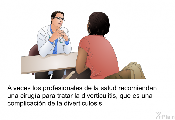 A veces los profesionales de la salud recomiendan una ciruga para tratar la diverticulitis, que es una complicacin de la diverticulosis.