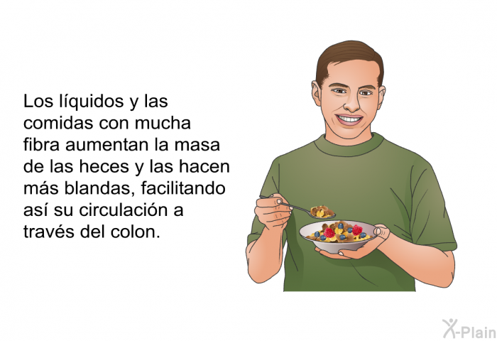 Los l�quidos y las comidas con mucha fibra aumentan la masa de las heces y las hacen m�s blandas, facilitando as� su circulaci�n a trav�s del colon.