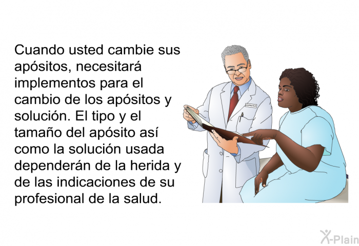 Cuando usted cambie sus apsitos, necesitar implementos para el cambio de los apsitos y solucin. El tipo y el tamao del apsito as como la solucin usada dependern de la herida y de las indicaciones de su profesional de la salud.